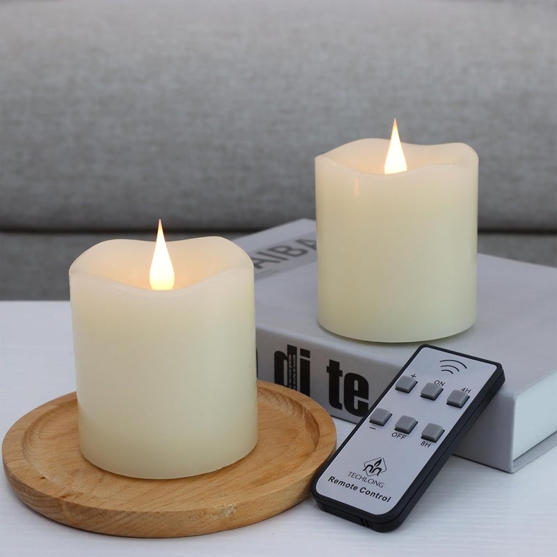 TECHLONG Flameless Candles Battery Operated with Remote Timer, 3D Moving Flame Flickering, Last 600+ Hours Battery Candles, 3" x 3" Ivory Real Wax Electric LED Candle for Wedding Party, Set of 2 - Image 1